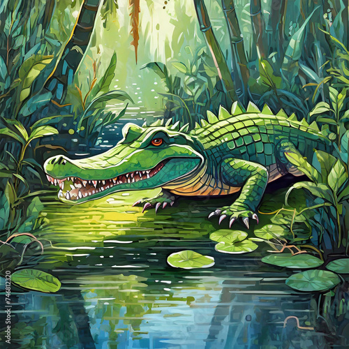 Alligator in a swamp  illustration.