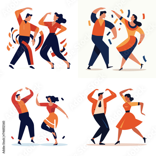 Four people dancing pairs, vibrant clothing, lively dance moves, two men two women dance poses. Retro style party, dancers enjoying music vector illustration