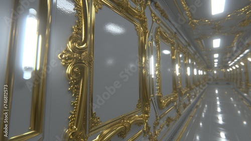 a row of gold framed mirrors sitting on a wall next to a white tiled floor with light coming in from the windows. photo