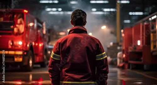 Close-up rear view of a firefighter standing in the garage in front of a fire engine photo