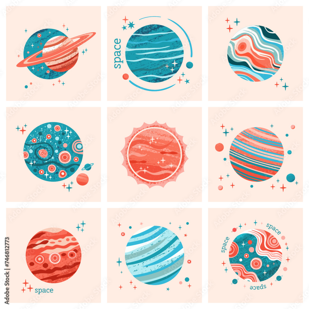 Set of solar system planets, sun in abstract style in red and blue colors. Vector stylish illustration on theme of space in flat style: Mercury, Venus, Earth, Mars, Jupiter, Saturn, Uranus, Neptune.