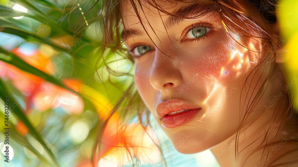 Beautiful woman in light eyed latin on sunny day with palm trees Beautiful woman in light eyed latin on sunny day with palm trees