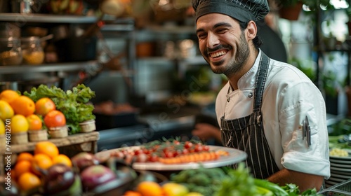 smiling Latino cook preparing delicious dish from his country