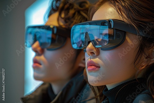 Young couple with futuristic glasses with virtual reality enjoying new innovation