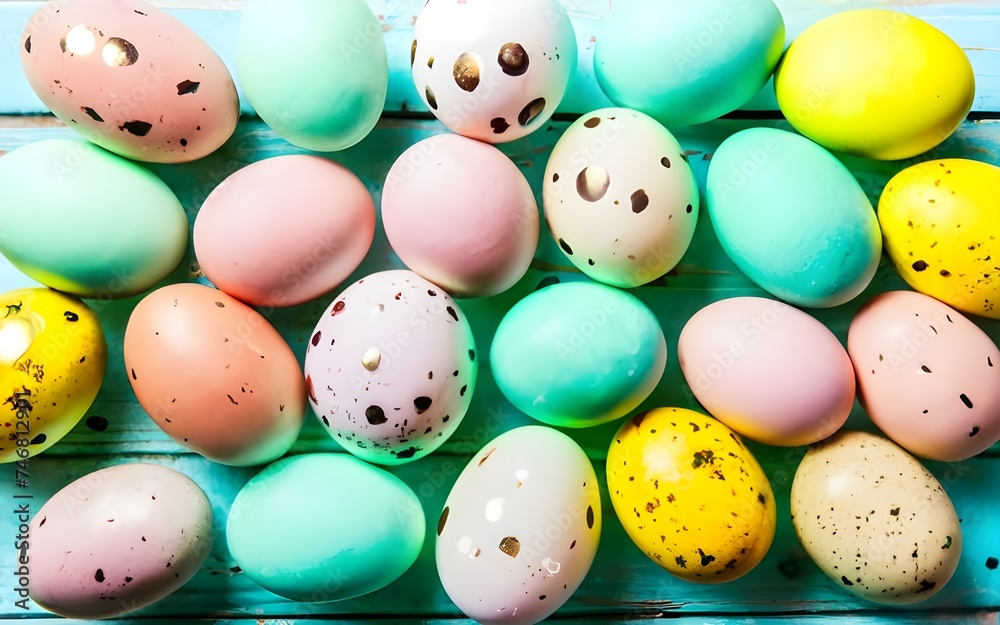 colored easter eggs, pastel color background, easter concept.