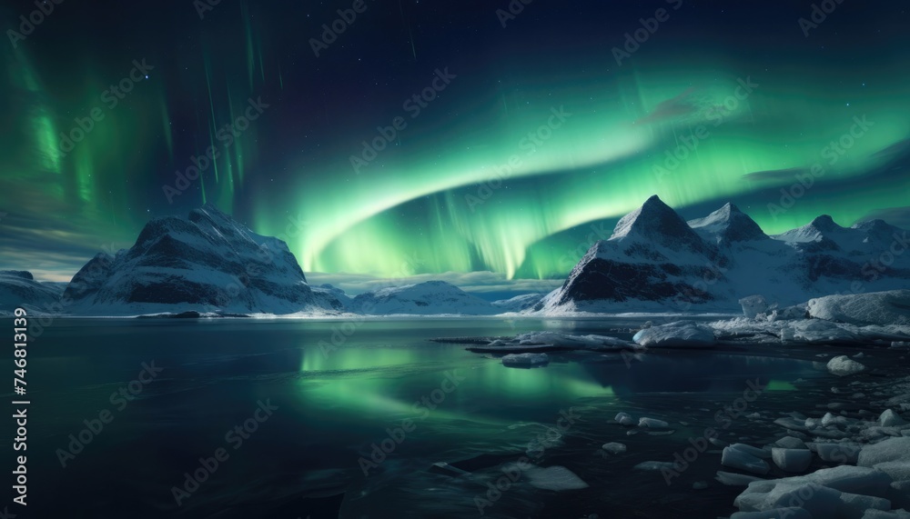 Ethereal auroras swirl over icy landscapes, lighting up winter's night with dancing vibrant hues.