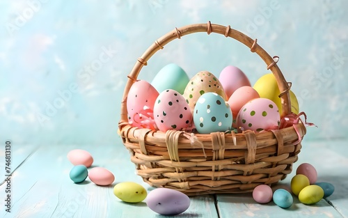 basket with easter eggs inside, pastel color background., easter concept