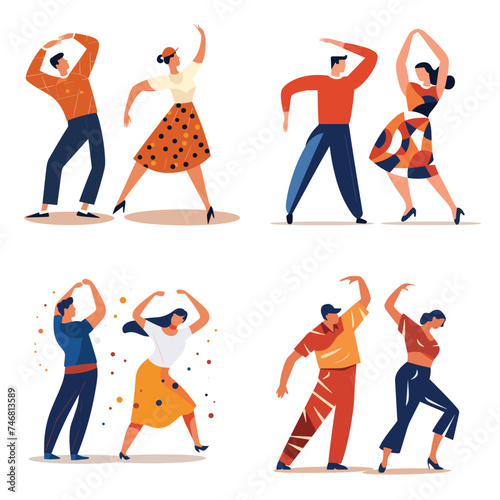 Men women dancing various poses. Retro style dancers, 50s swing dance, joyful dance moves. Entertainment dance lessons vector illustration photo