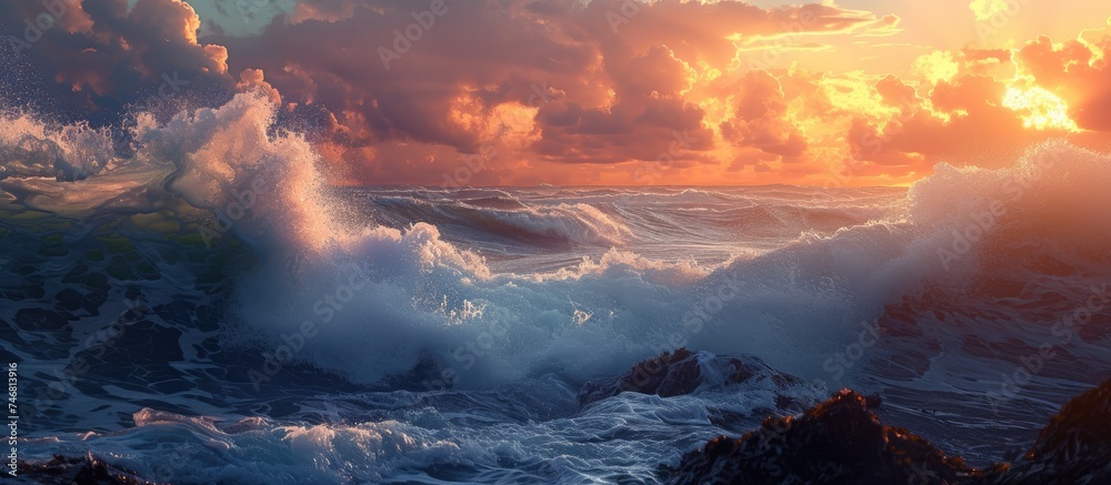 The painting depicts a sunset over a large body of water with waves crashing on rocks in the foreground. The sky is illuminated with warm hues as the sun sets on the horizon.