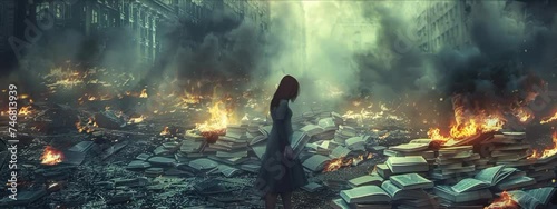 illustration of a student that tired of studying woman burn a lot of books in the city book burning with fire and black smoke photo