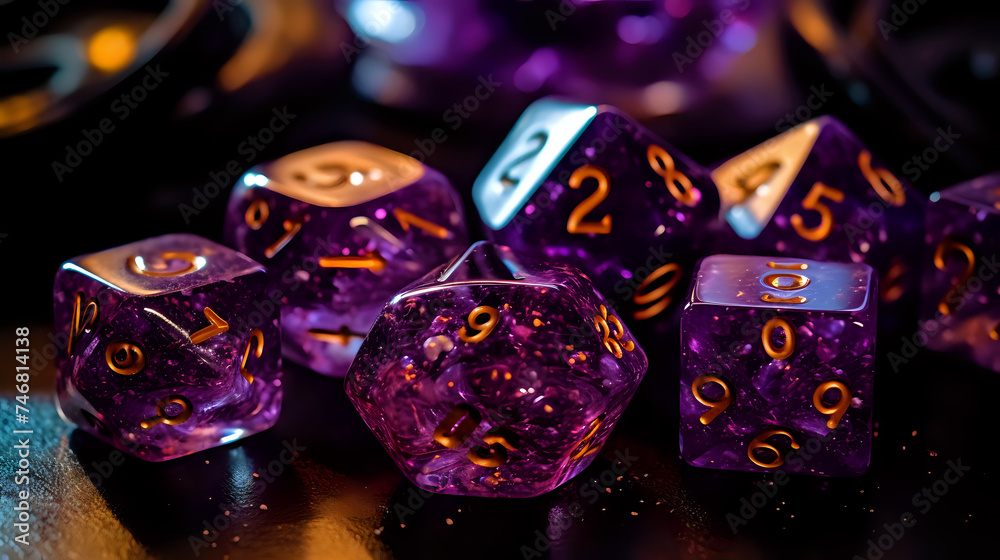 Enchanted Purple Dice for Fantasy Gaming.
A mystical set of purple dice with golden numbers, perfect for enhancing the experience of tabletop and role-playing games. - obrazy, fototapety, plakaty 