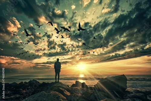 A serene silhouette of a person on rocky cliffs, surrounded by a flock of birds in the colorful sky, with the sun backlighting the clouds over the water