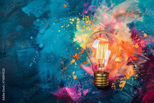 A vibrant painting of a light bulb shining brightly against a colorful background