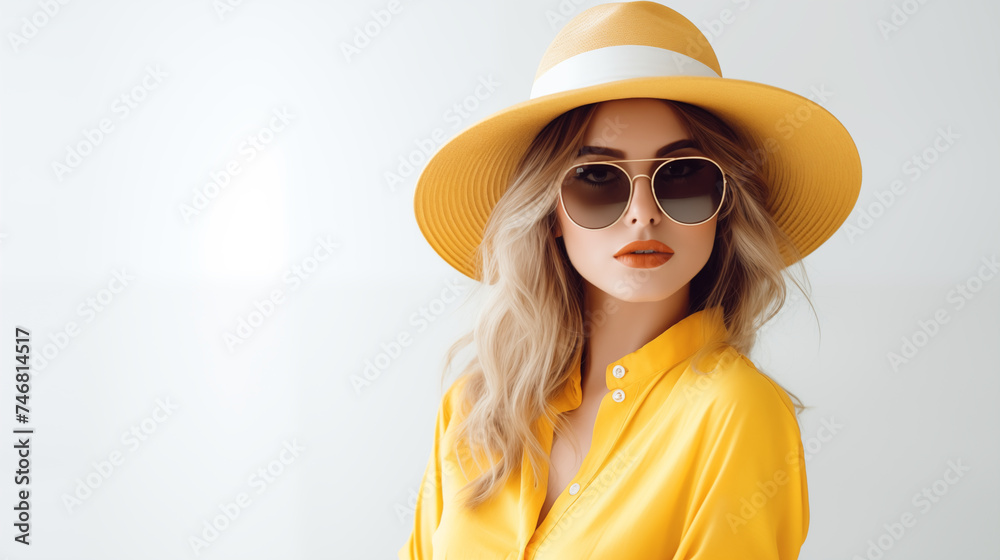 Fashion pretty young woman wearing a yellow hat, sunglasses studio background. Perfect style girl. Fashion pretty young woman wearing a yellow hat, sunglasses studio background. Perfect style girl.
