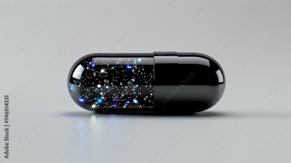 A shiny black pill containing microscopic robots inside A shiny black pill containing microscopic robots inside