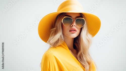 Fashion pretty young woman wearing a yellow hat, sunglasses studio background. Perfect style girl.