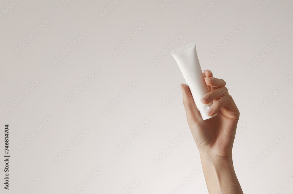 Mockup of a cosmetics tube held elegantly in a feminine hand, ideal for branding display