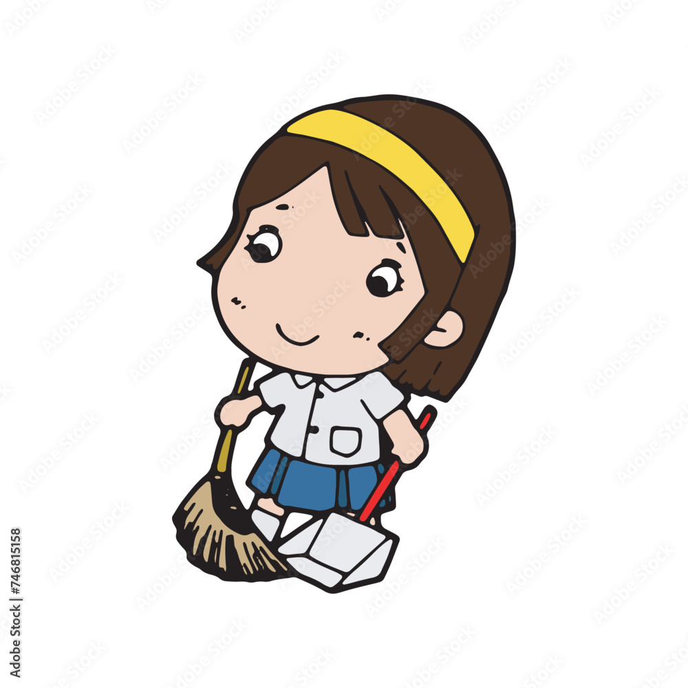 thai students cleaning up school classroom, cute cartoon kawaii vector illustration thai students cleaning up school classroom, cute cartoon kawaii vector illustration
