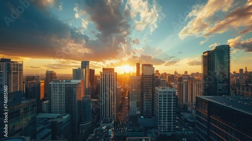 loop video of cloud movement in the city skyscaper high rise building in the morning urban lofi animation