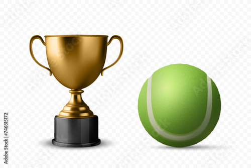 Vector 3d Realistic Blank Golden Champion Cup Icon with Tennis Ball Set Closeup Isolated. Championship Trophy Design Template for Sports Concept