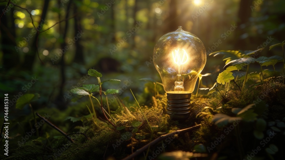 Light bulb in the middle of forest - obrazy, fototapety, plakaty 