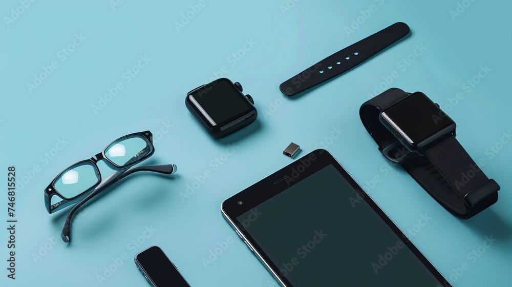 Smartphone, smartwatch, smart glasses, and tablet, all with responsive design, showcasing wearable technology devices Smartphone, smartwatch, smart glasses, and tablet, all with responsive design, showcasing wearable technology devices