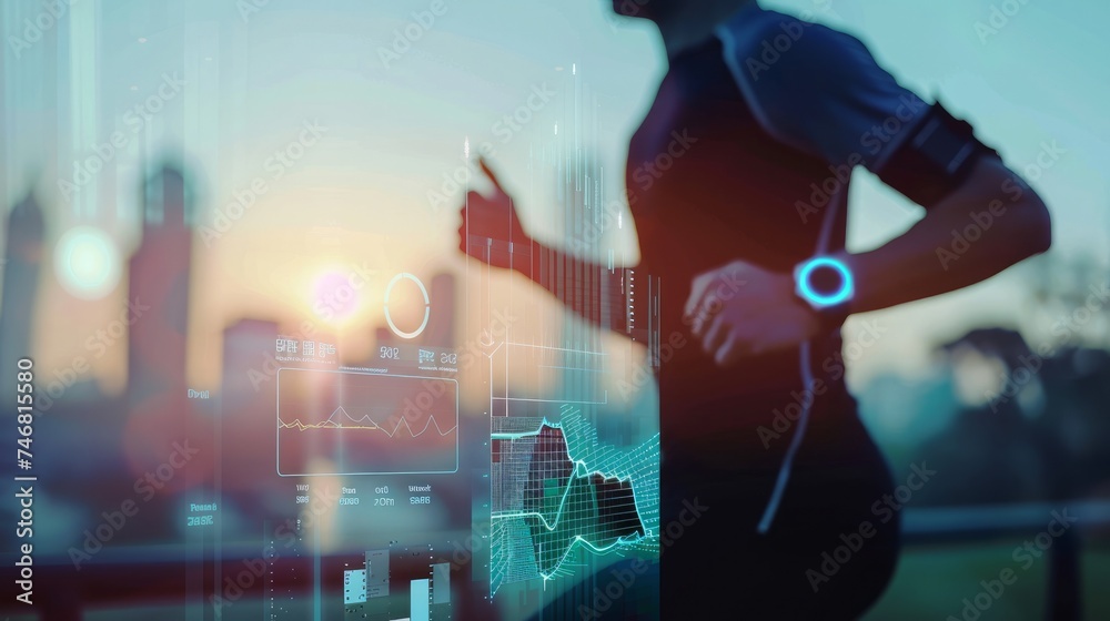 Blurry background featuring a silhouette of a running man alongside wearable technology including a fitness tracker, smartphone, heart rate monitor, and smartwatch - obrazy, fototapety, plakaty 