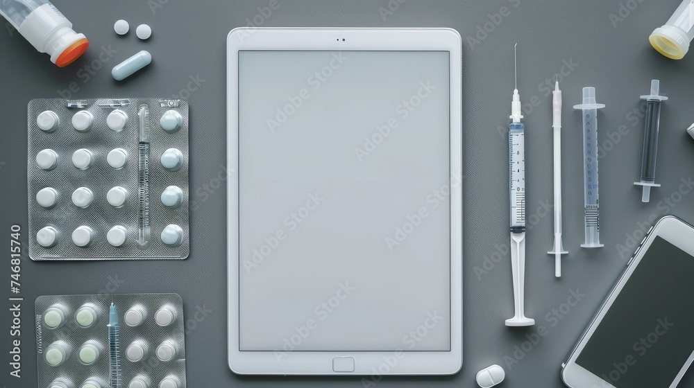Doctor tools laid out on a gray surface alongside a white tablet PC Doctor tools laid out on a gray surface alongside a white tablet PC