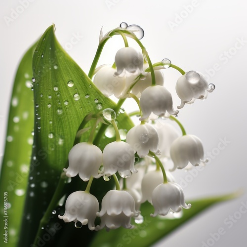 Lily of the valley flowers with dew drops on white background