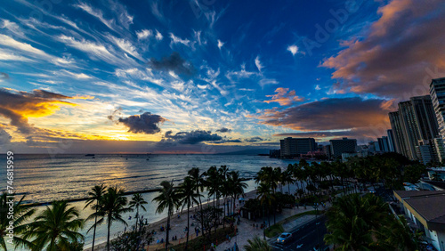 ワイキキの高層ビルと海に沈む夕陽 ハワイ 絶景