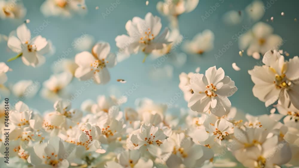 White flowers drift gracefully on a serene blue backdrop.