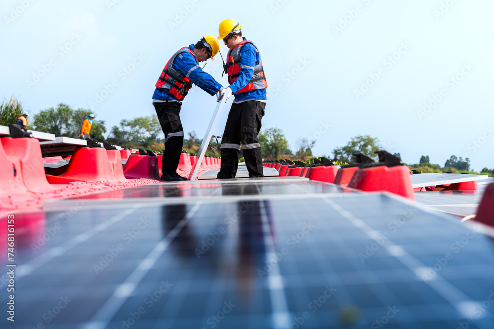 Obraz premium Photovoltaic engineers work on floating photovoltaics. workers Inspect and repair the solar panel equipment floating on water. Engineer working setup Floating solar panels Platform system on the lake.