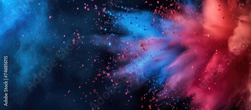 A vivid explosion of colored powder creates a dynamic and abstract composition against a stark black backdrop. Each particle of powder frozen in motion, showcasing a burst of energy and movement. photo