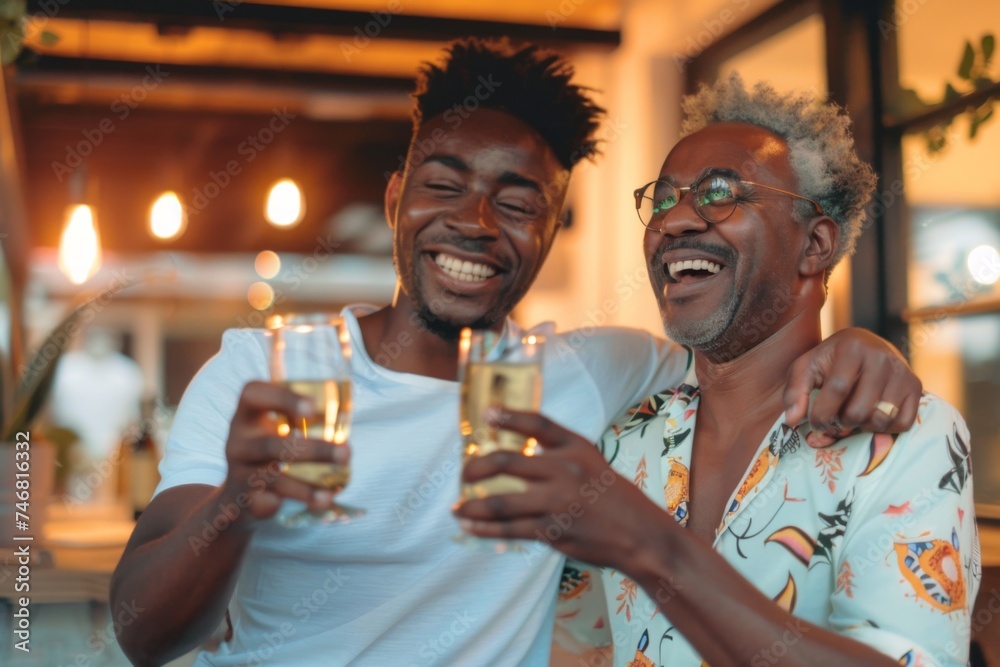 An older man and a younger adult male sharing a joyful toast with wine glasses, embodying a warm family moment at dusk.