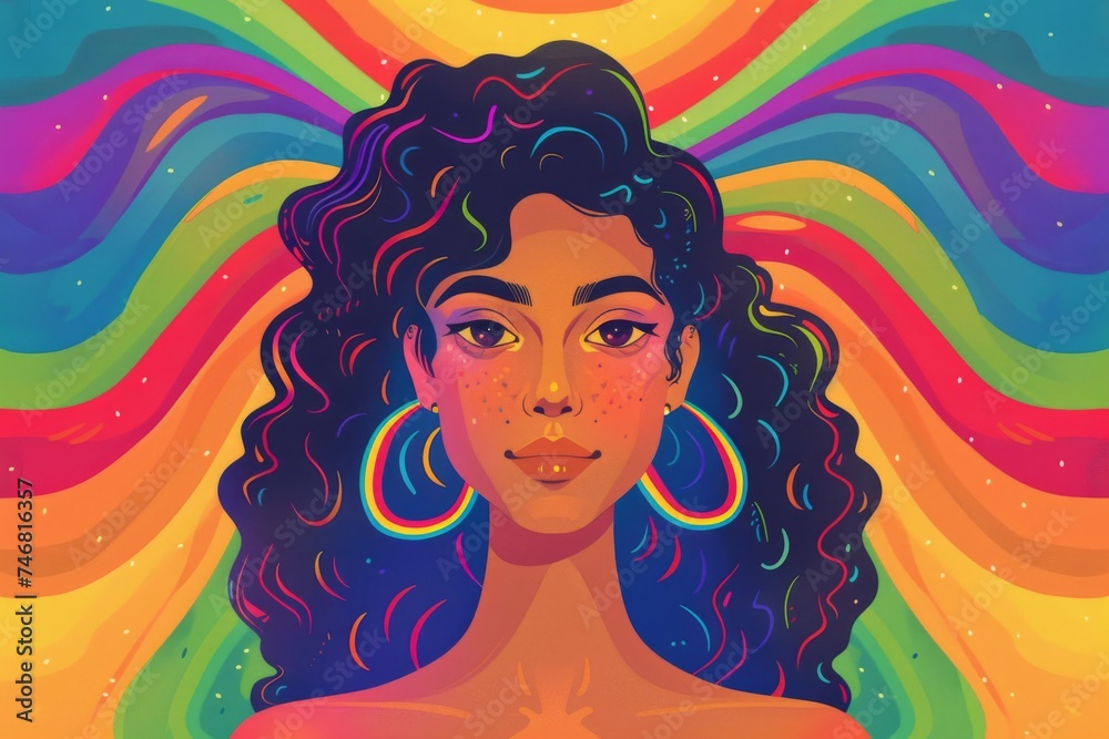 An artistic illustration of a woman with a serene expression, framed by a vibrant rainbow background symbolizing LGBTQ+ pride.