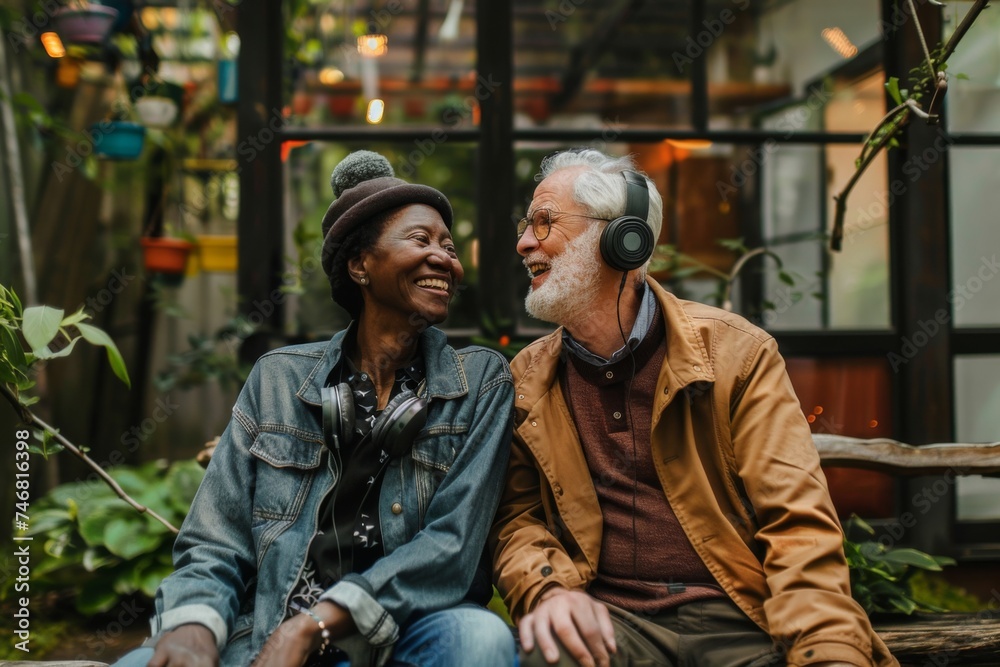 A content senior couple, each with headphones, enjoy a quiet moment together amidst the lush greenery of a garden conservatory. A content senior couple, each with headphones, enjoy a quiet moment together amidst the lush greenery of a garden conservatory.