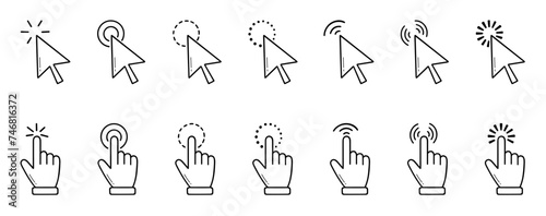 Finger click, computer pointer icon doodle set. Mouse cursor, digital arrow in sketch style. Hand drawn vector illustration isolated on white background