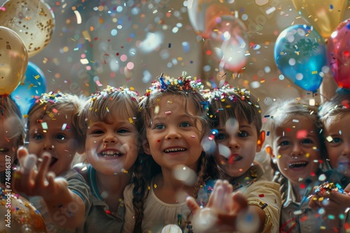 Ecstatic children's faces peer through a shower of confetti, balloons floating in the background, capturing the enchantment of a festive moment.