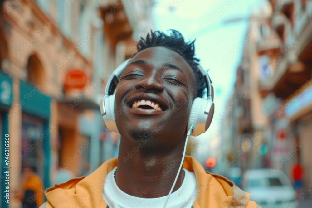 Exuberant young man with a bright smile enjoys the rhythm of music on his headphones, feeling the upbeat energy of the city around him. Exuberant young man with a bright smile enjoys the rhythm of music on his headphones, feeling the upbeat energy of the city around him.