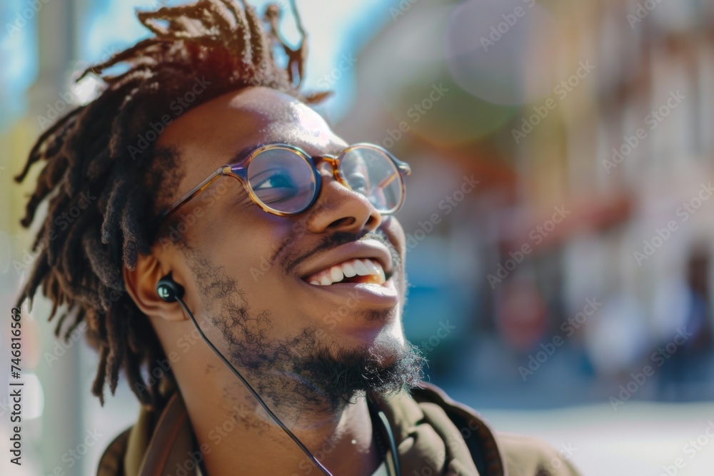 A young man with stylish dreadlocks and glasses beams joyfully in the city sunlight, enjoying his favorite tunes through earphones.