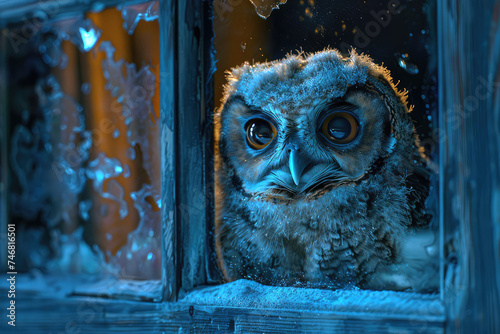 Great horned owl looking at camera from the window of a house in a winter night.