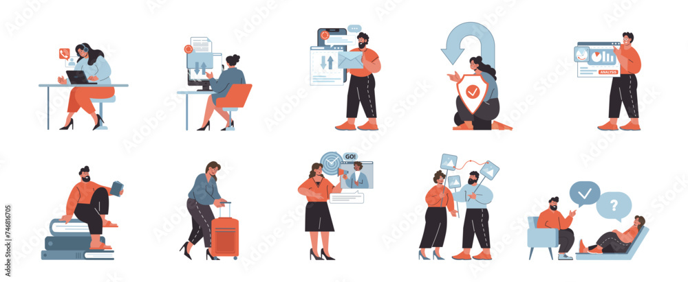 Corporate life set. Illustration of business professionals engaged in various work situations. Corporate life set. Illustration of business professionals engaged in various work situations.