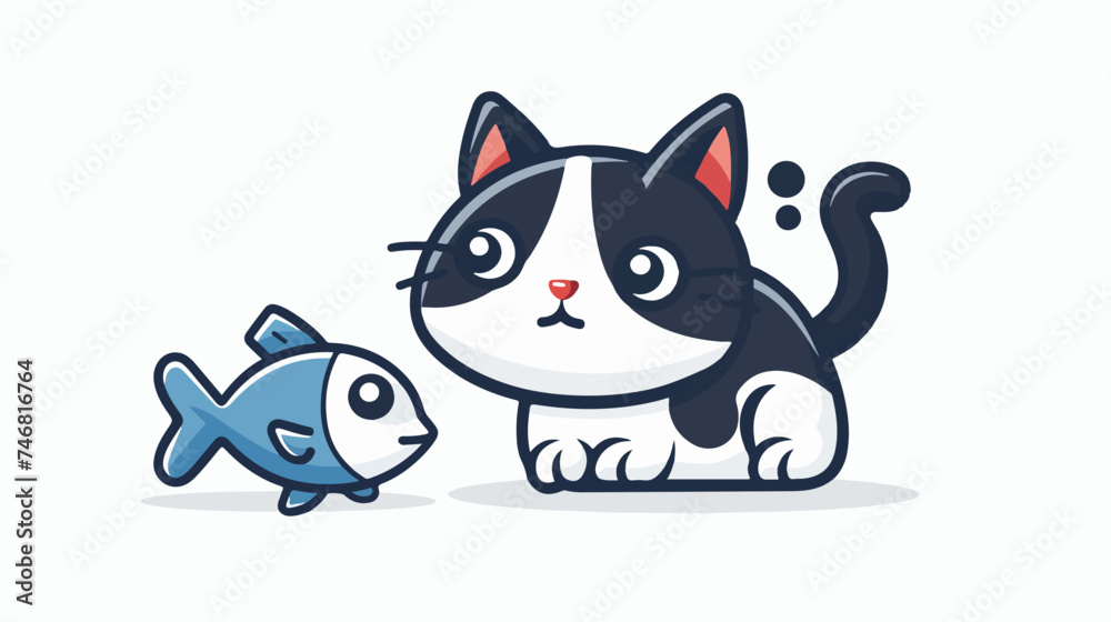 flat logo vector cute cat looking at fish cartoon 