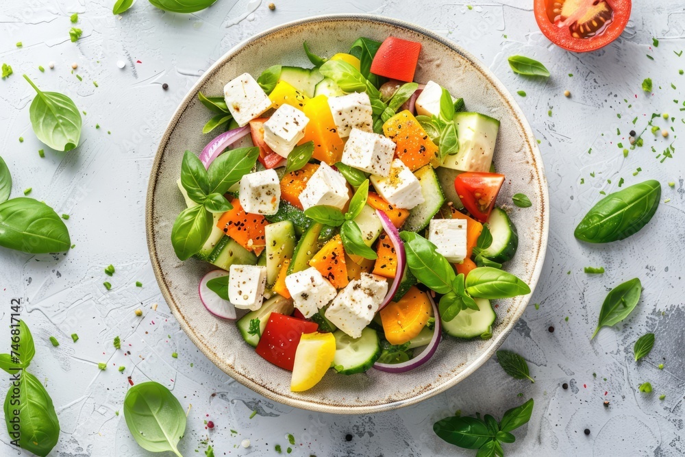 Fresh vegetable salad with feta cheese on table, top view. AI Generated Fresh vegetable salad with feta cheese on table, top view. AI Generated