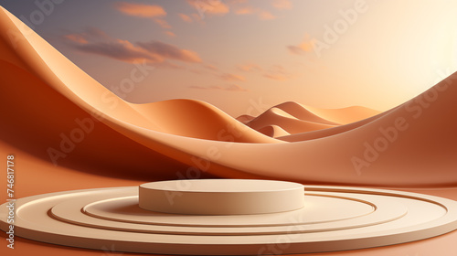 Podium on dessert sand dune background for product placement

