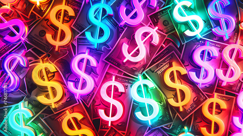 Neon Dollar Signs Illuminating a Pile of Cash