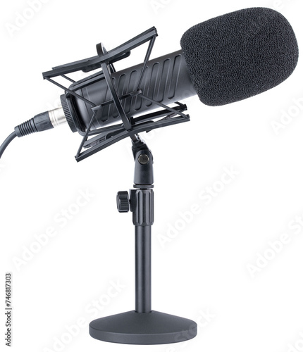 Microphone. Professional dynamic or condenser microphone. Radio broadcasting or podcast microphone with shock or anti vibration mount on stand. Mic with windshield. Recording voice, music or song