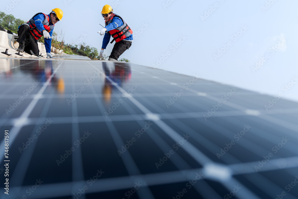 Obraz premium Male workers repair Floating solar panels on water lake. Engineers construct on site Floating solar panels at sun light. clean energy for future living. Industrial Renewable energy of green power.
