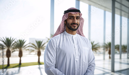 Young handsome Emirati business man in UAE traditional outfit. Arabic ambitious mature businessman.