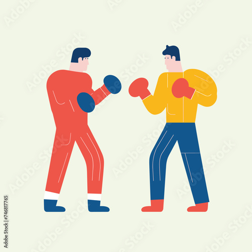 Two cartoon boxers in a fight stance, ready to spar, wearing gloves and boxing attire. Competition and sports training vector illustration.